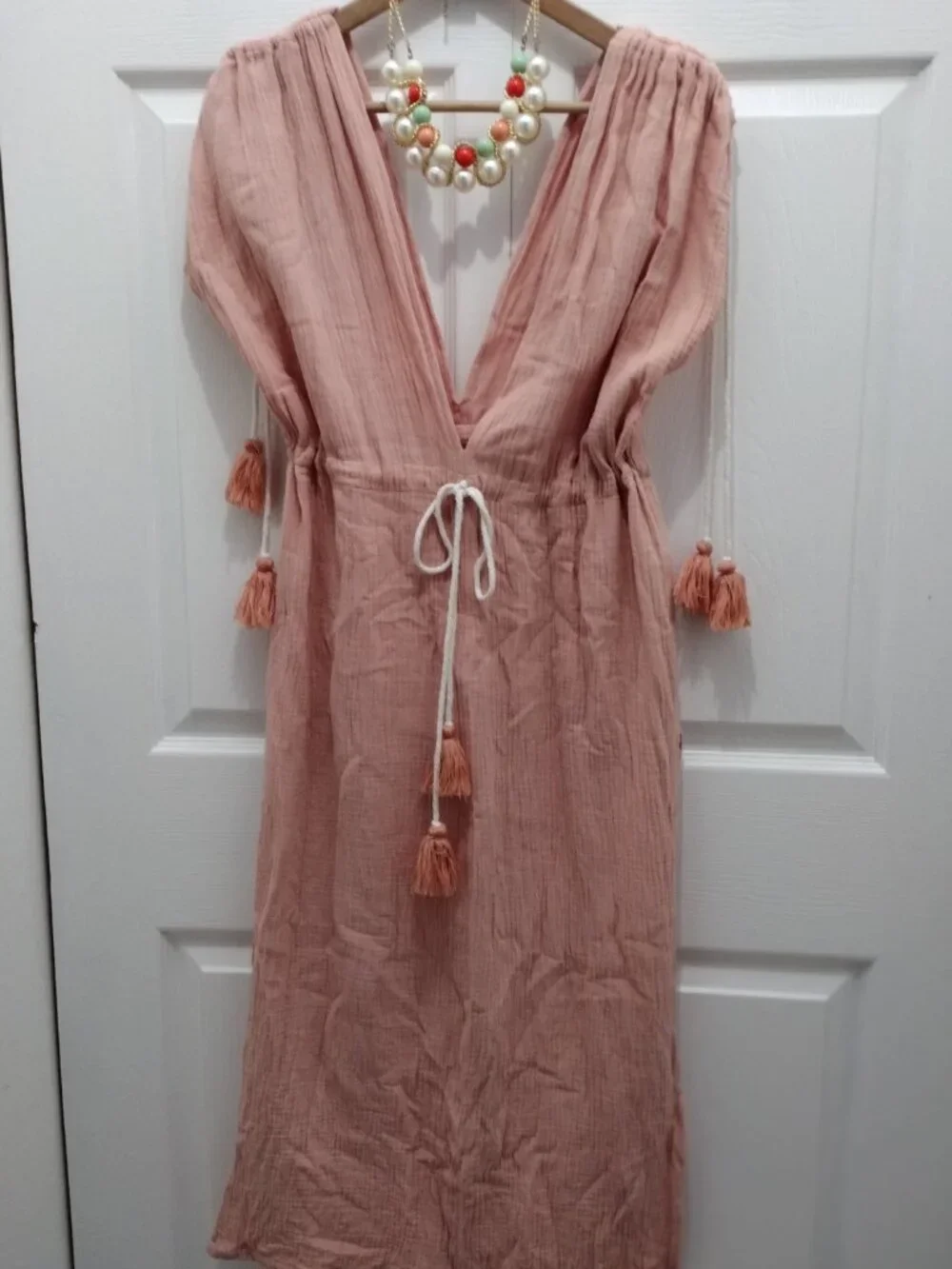 Boho Beach Cover Up Dress Peach Coral Tassel Gauze Sleeveless Resort Maxi XL 1X - Picture 3 of 7